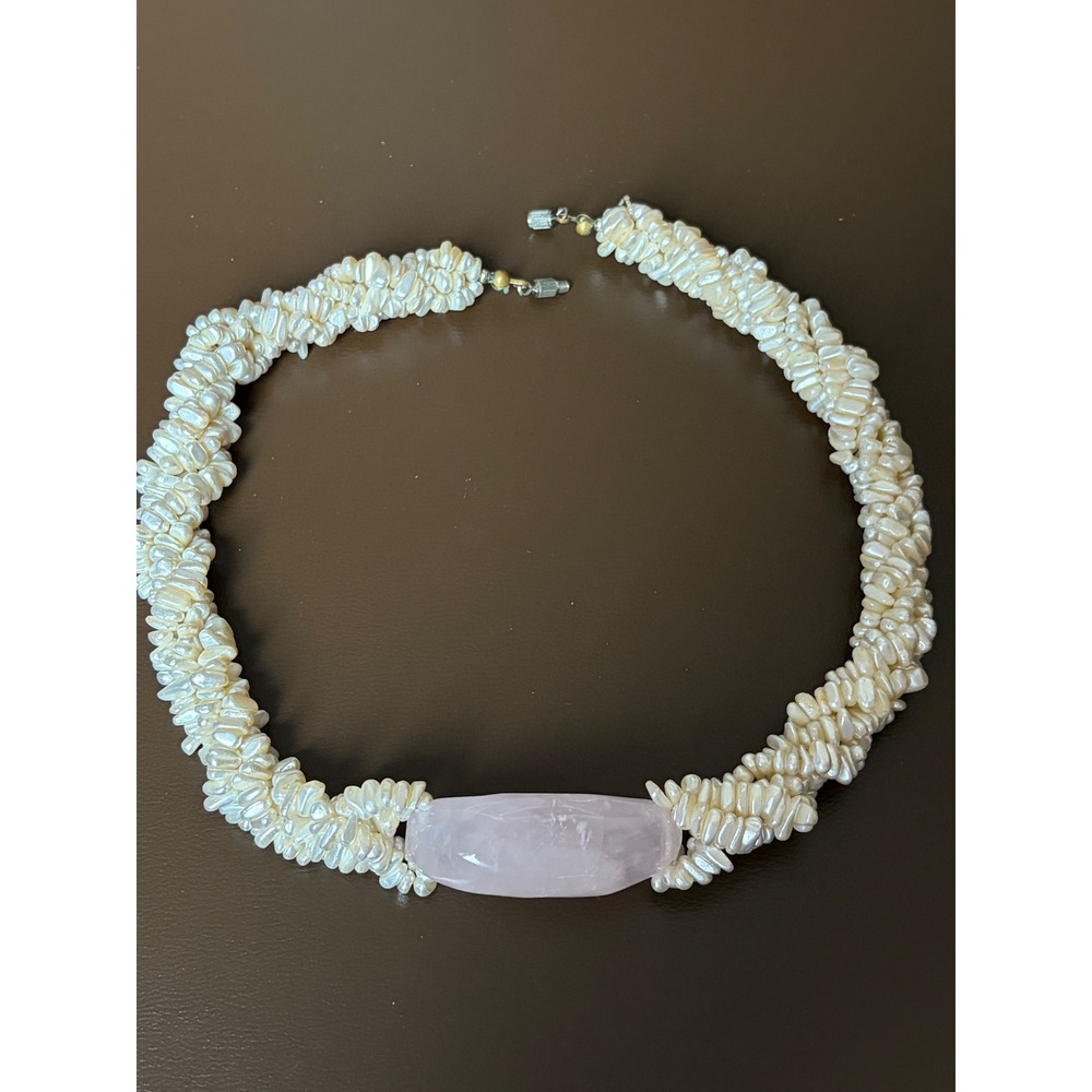 Vintage Freshwater Pearl Torsade Necklace Rose Quartz Center Statement